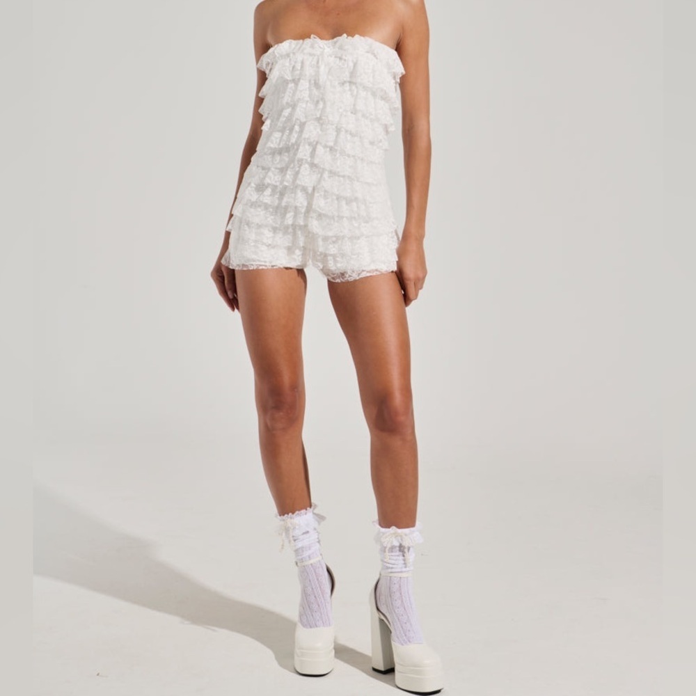 AKIRA White Strapless Ruffle Lace Romper